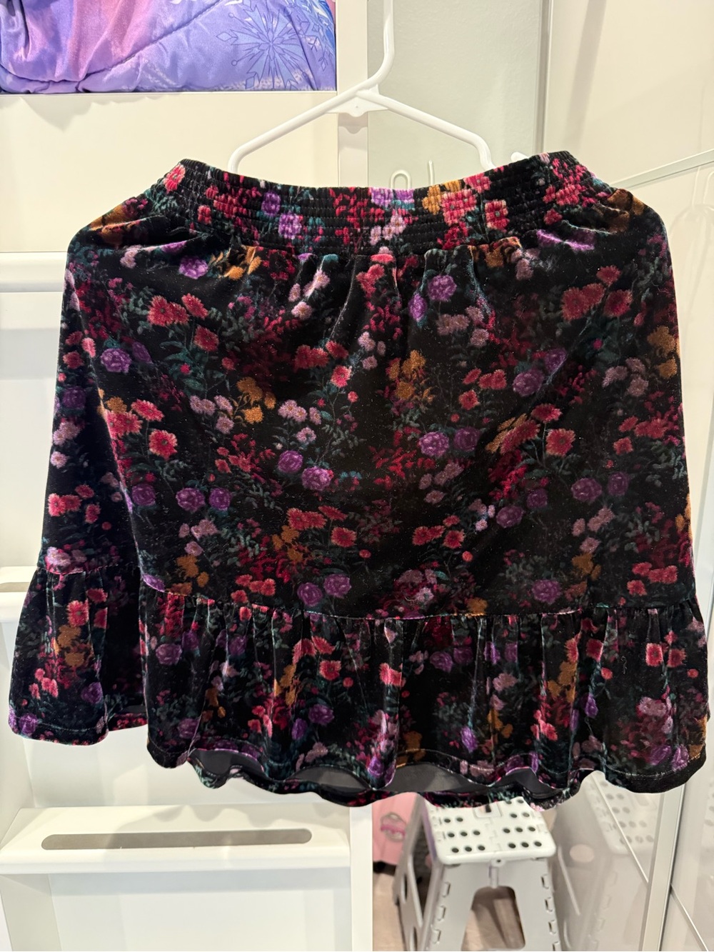 LOFT Black Elastic Waist Velvet Skirt with Ruffle Detail